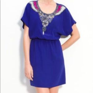 Trina Turk Dolman Sleeve Elastic Waist dress, 0, blue silk dress, embellished